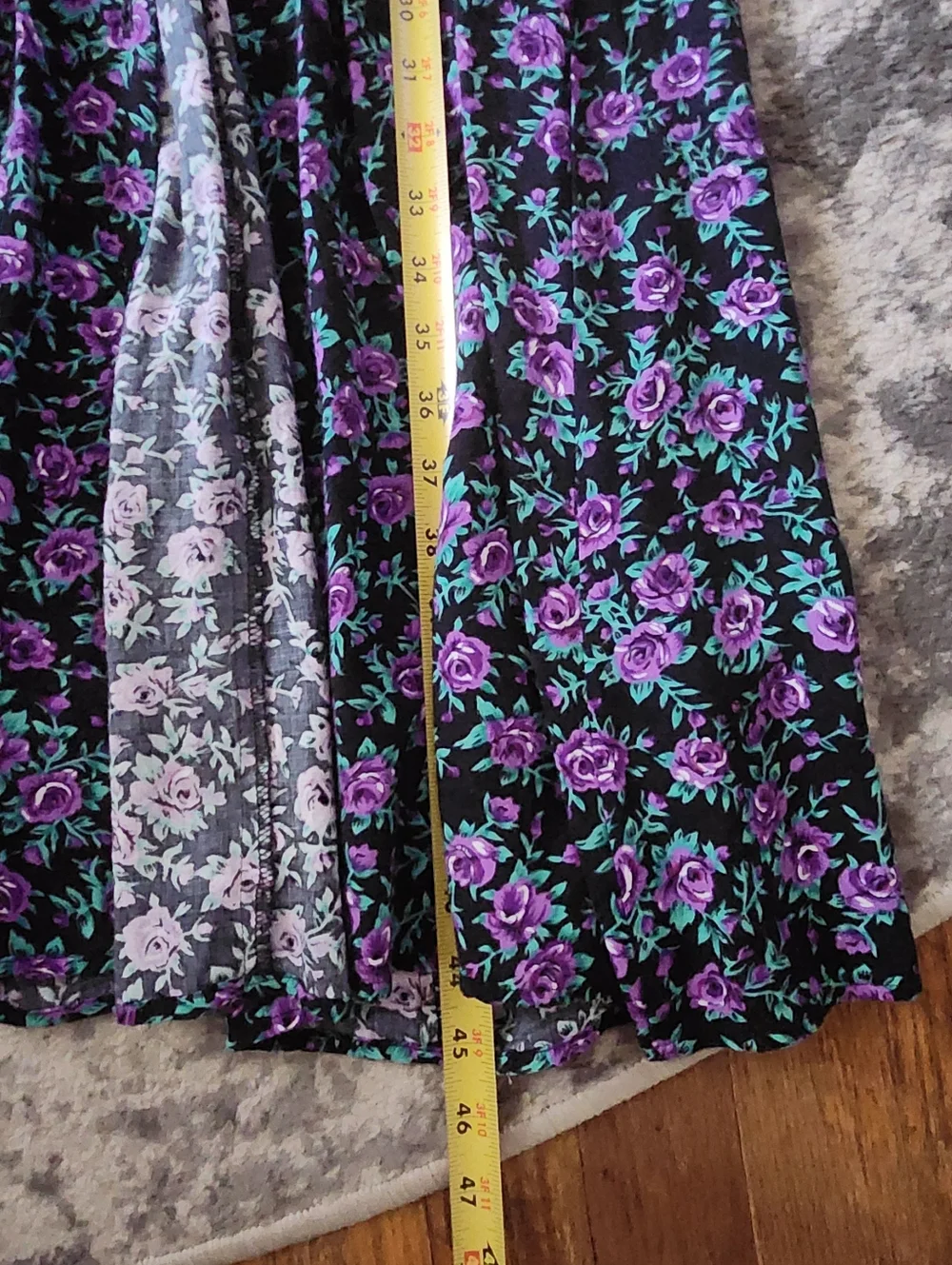 Vintage 90's Floral Button Front Midi Dress in Black with Purple & Teal Flowers - Picture 8 of 8